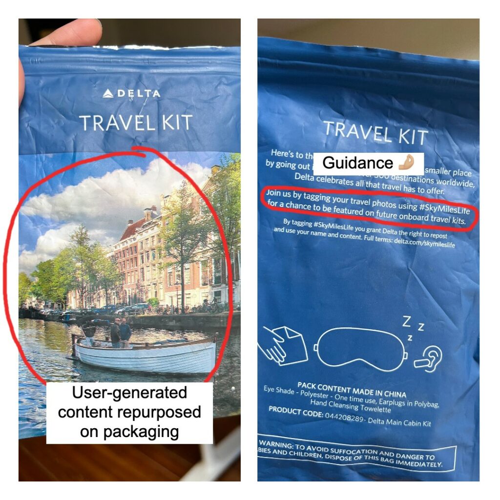 Delta seyahat kiti, ön tarafta kullanıcı tarafından oluşturulmuş içerikle yeniden tasarlandı. Arka tarafta, Delta insanlardan öne çıkma şansı için #SkyMilesLife'ı etiketlemelerini istiyor.