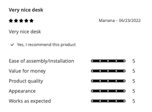 "Çok güzel masa" yazan ve her biri için 5 yıldız veren bir ürün sayfasında 5 yıldızlı inceleme, montaj kolaylığı, paranın karşılığı, ürün kalitesi, görünüm ve beklendiği gibi çalışıyor.