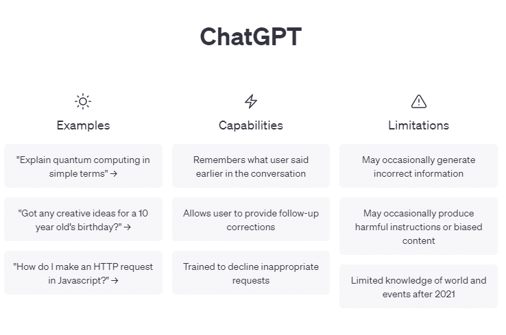 例、機能、ミニテーションを含むチャット gpt のスクリーンショット