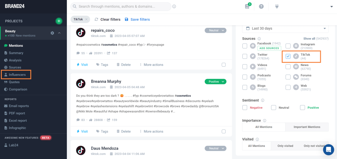 Панель инструментов Brand24 с вкладкой Influencer и возможностью мониторинга TikTok