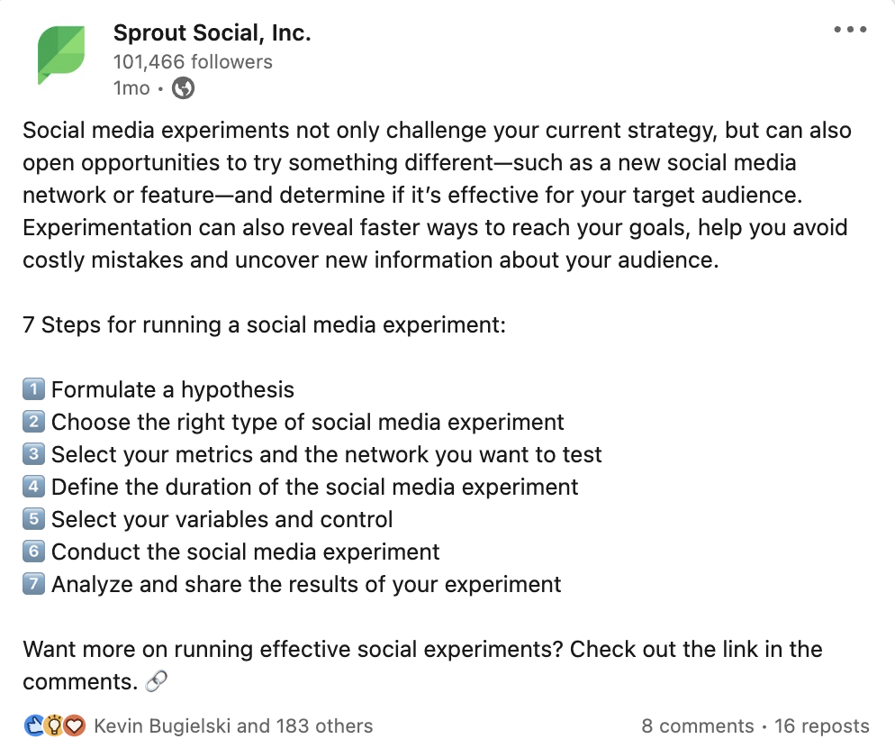 專為該實驗設計的評論鏈接 LinkedIn 帖子。這篇文章的開篇介紹了社交媒體實驗的概念，然後列出了進行社交媒體實驗的 7 個步驟，然後提示讀者查看評論中的鏈接。