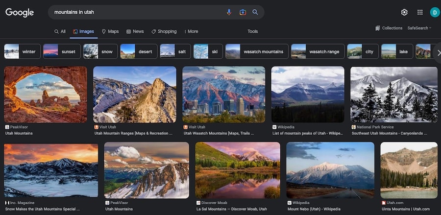 ตัวอย่าง Google รูปภาพที่แสดง "ภูเขาในรัฐยูทาห์"