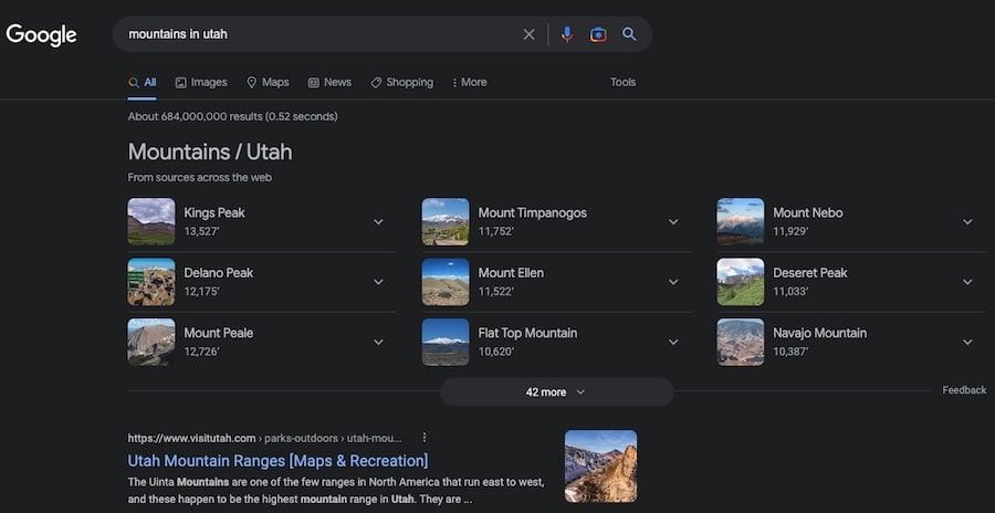 ผลการค้นหา "ภูเขาในรัฐยูทาห์" ของ Google แสดงผลภาพที่ปรับให้เหมาะสม