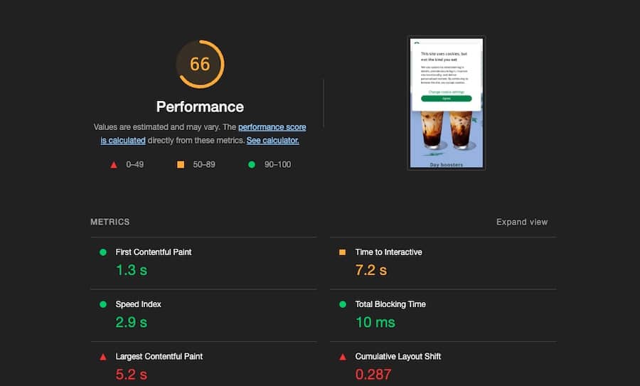 ตัวอย่างคะแนนประสิทธิภาพของ Google Chrome Lighthouse สำหรับไซต์ Starbucks เวอร์ชันมือถือ