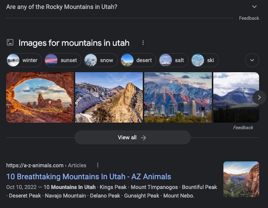ภาพที่ปรากฏใน SERPs ของ Google ใกล้กับรายการทั่วไปสำหรับ "ภูเขาในยูทาห์"