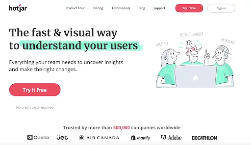 ตัวอย่างของวิธีที่ Hotjar ใช้สีสำหรับคำกระตุ้นการตัดสินใจบนหน้า Landing Page