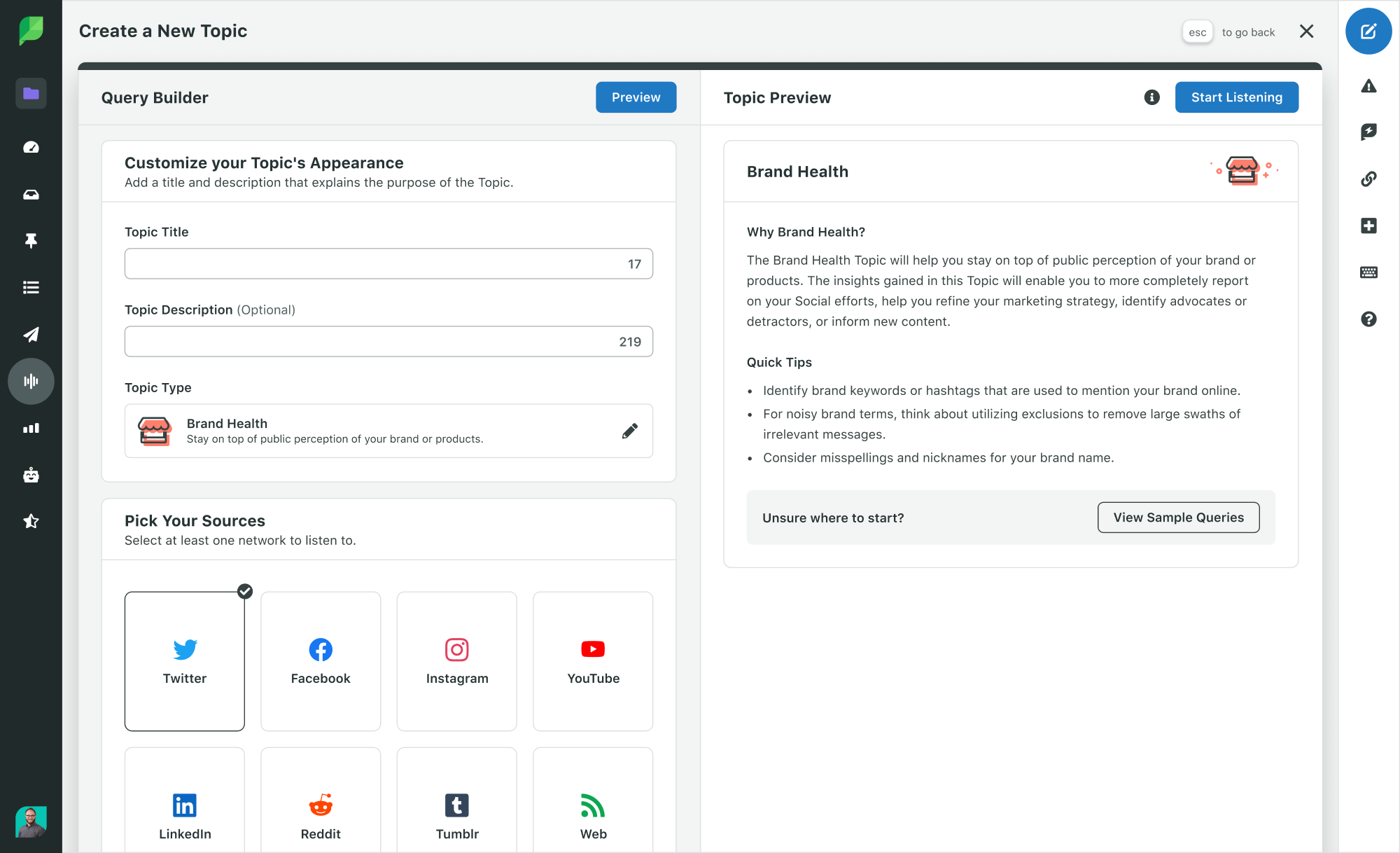 Tangkapan layar pembuat Kueri Mendengarkan Sosial Sprout. Di tangkapan layar ini, jenis topik Kesehatan Merek dipilih.