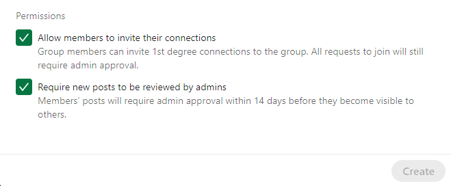 LinkedIn Groups Форма создания группы — Разрешения с помощью кнопки «Создать»