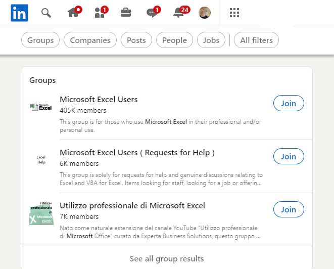 Grup LinkedIn Hasil pencarian "Microsoft Excel" menunjukkan Pengguna Microsoft Excel