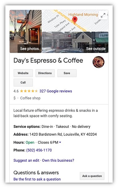 un ejemplo de un perfil comercial de Google para una cafetería