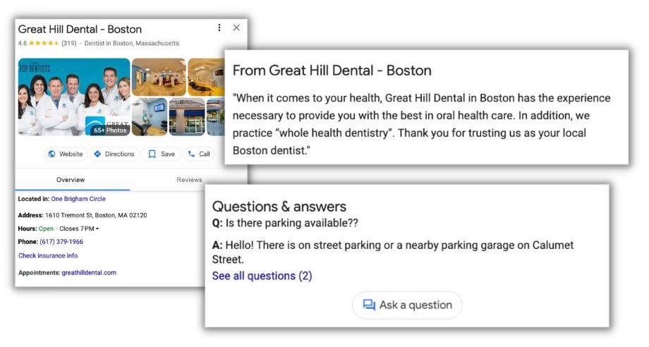 ejemplo de un perfil comercial optimizado de Google de un dentista en boston