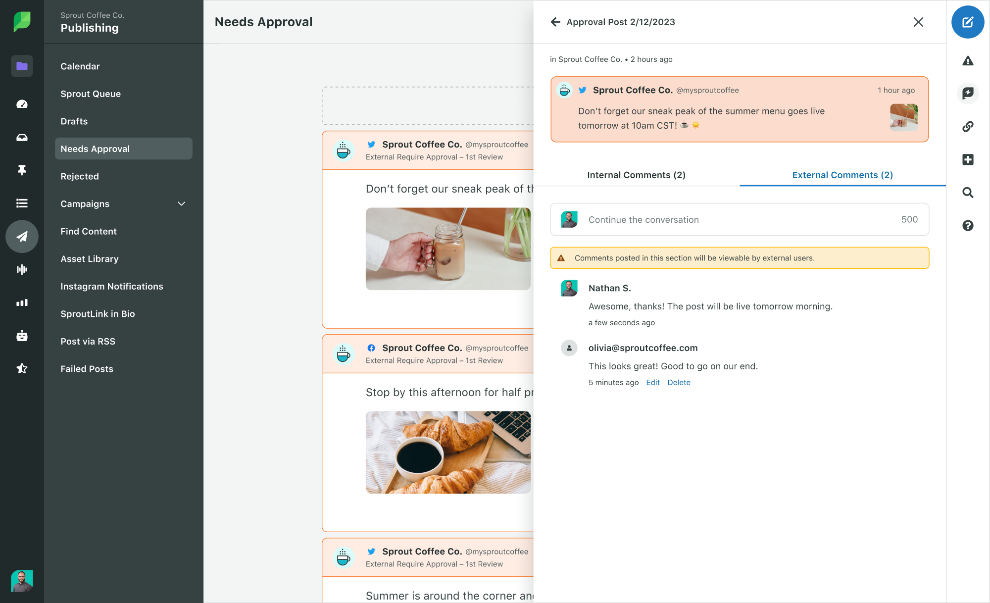 Sprout Social 中需要批准的社交媒體帖子的屏幕截圖。內部審稿人和外部審稿人評論已添加到帖子中。