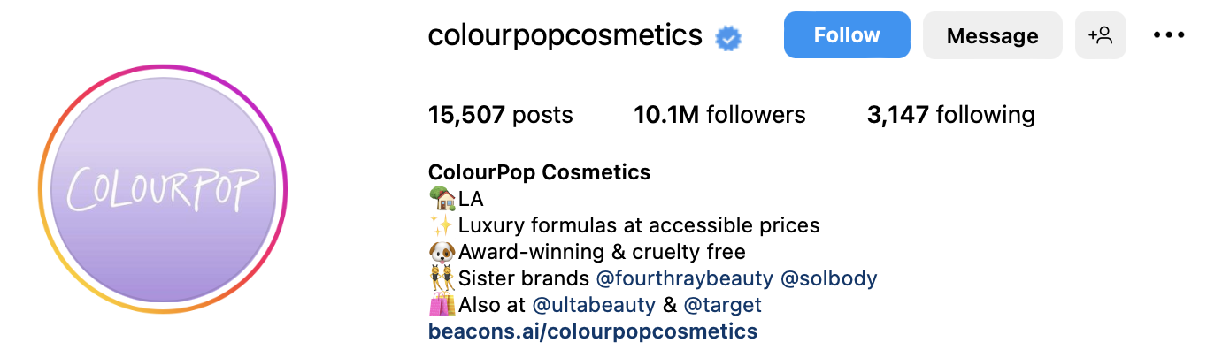 帶有自定義信標鏈接的 colourpop 化妝品 instagram bio