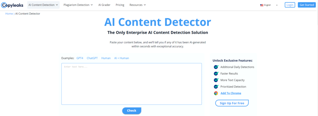 Copyleaks AI 콘텐츠 감지기의 스크린샷