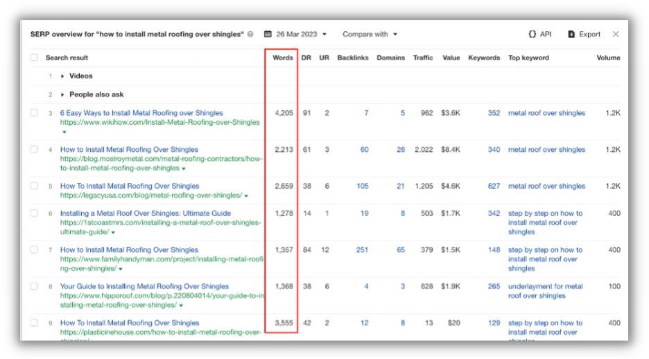 informe en ahrefs que muestra el recuento de palabras para la clasificación de publicaciones en serps