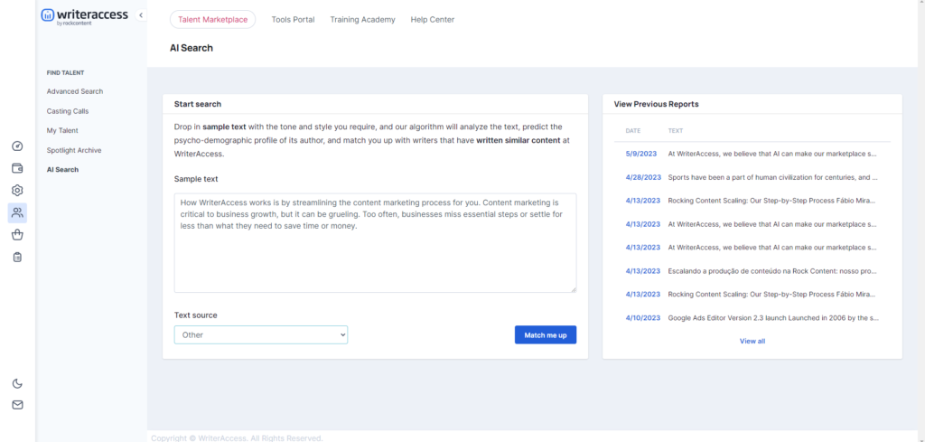 Writeraccess Pesquisa de talentos de IA