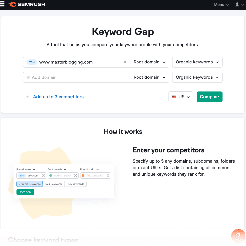 Instrumentul Semrush Gap Keyword