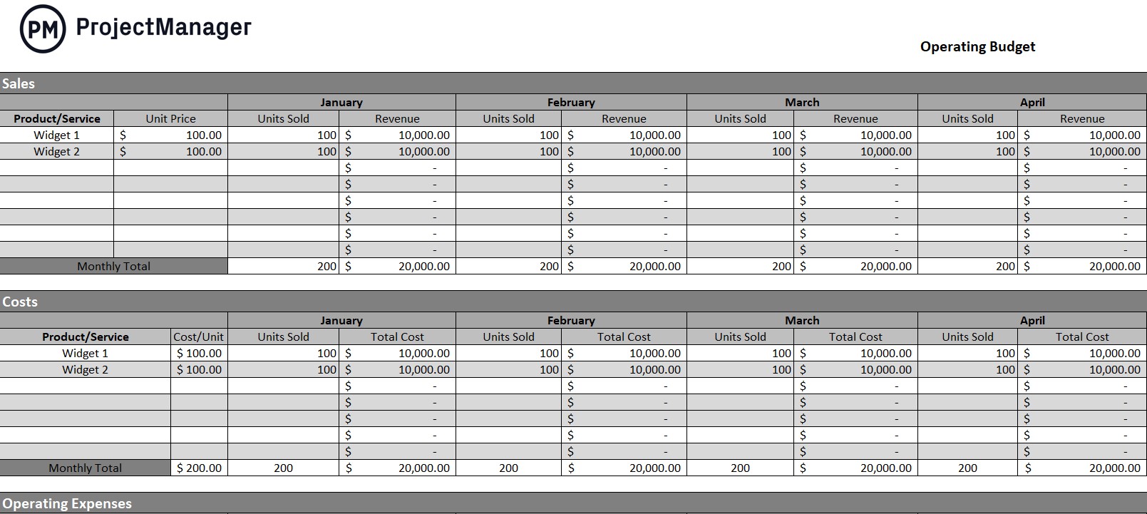 Screenshot der Betriebsbudgetvorlage im ProjectManager