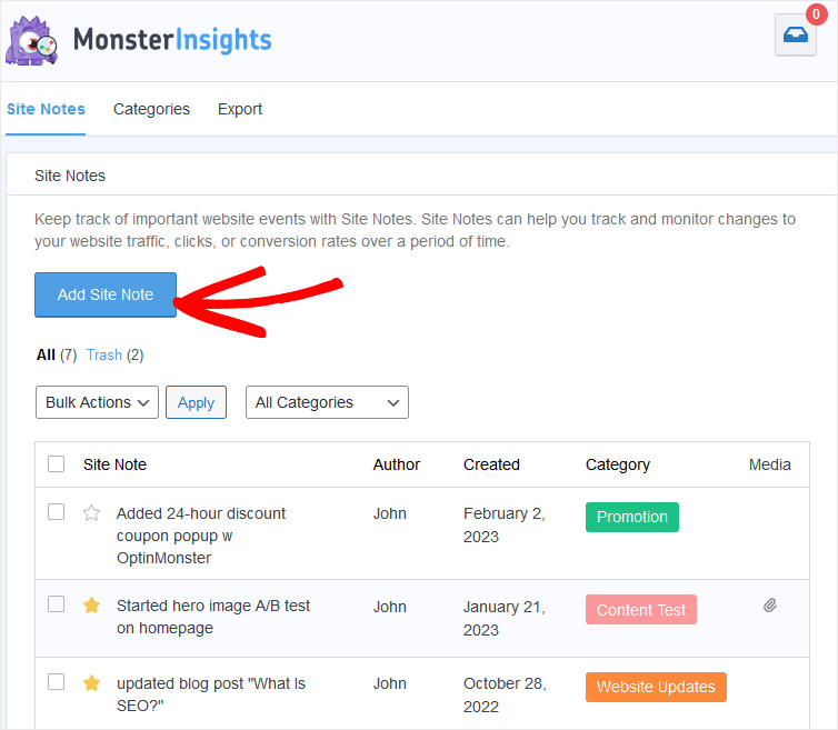 Lista notatek witryny Wyświetl przykłady notatek marketingowych