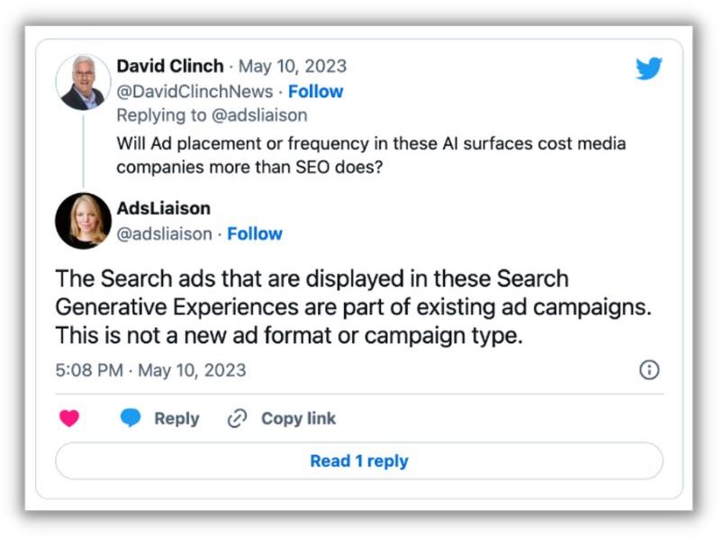 tweet od Google mówiący o miejscach docelowych reklam dla generatywnego doświadczenia w wyszukiwarce Google