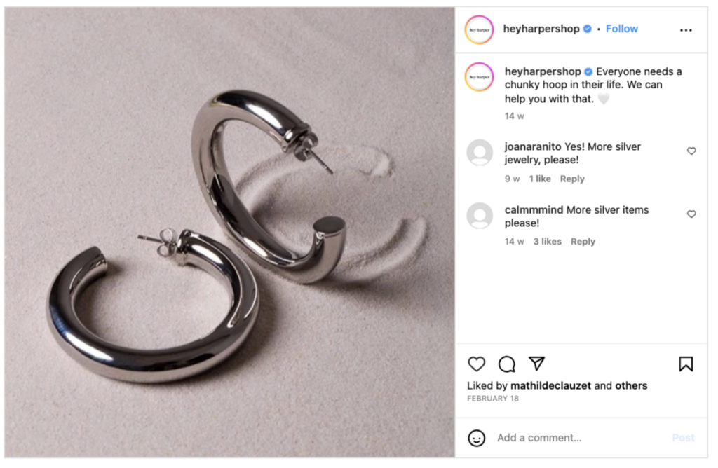 Cuplikan layar postingan Instagram Harper Lee menunjukkan anting-anting lingkaran perak