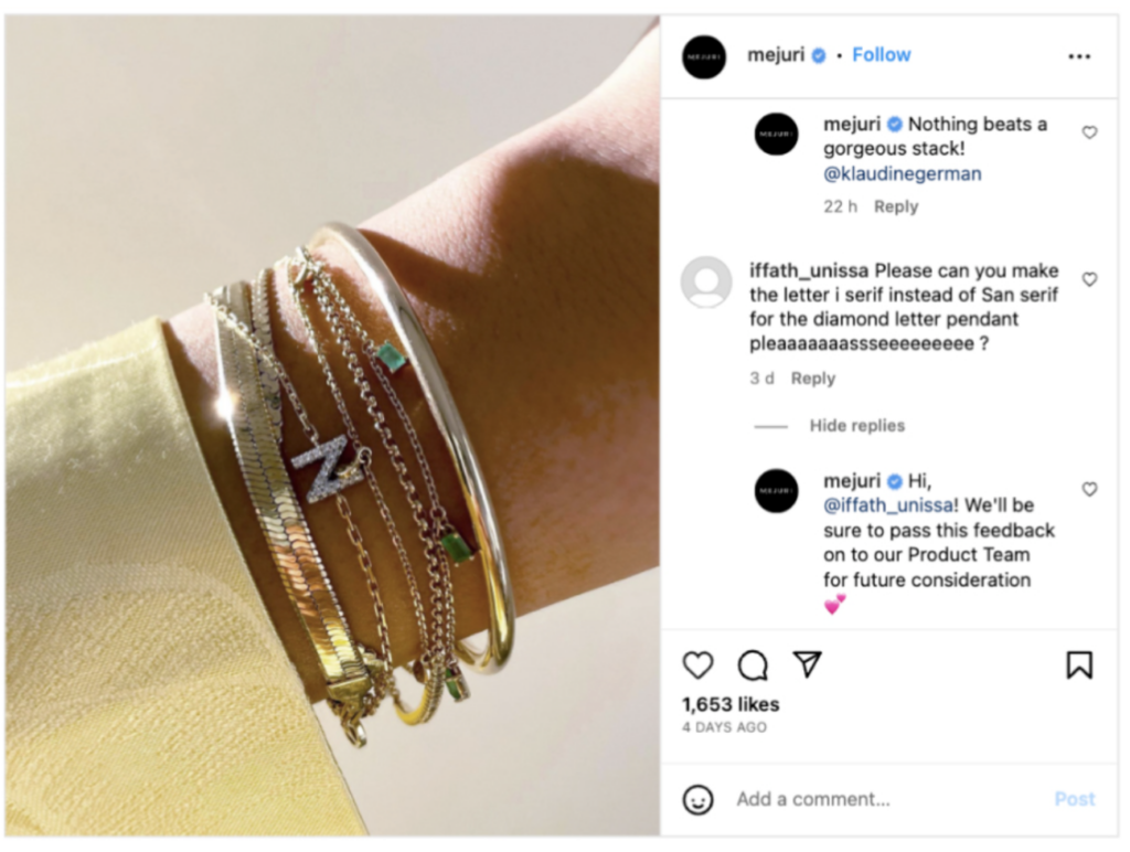 Tangkapan layar postingan Instagram Mejuri yang menunjukkan keterlibatan pelanggan