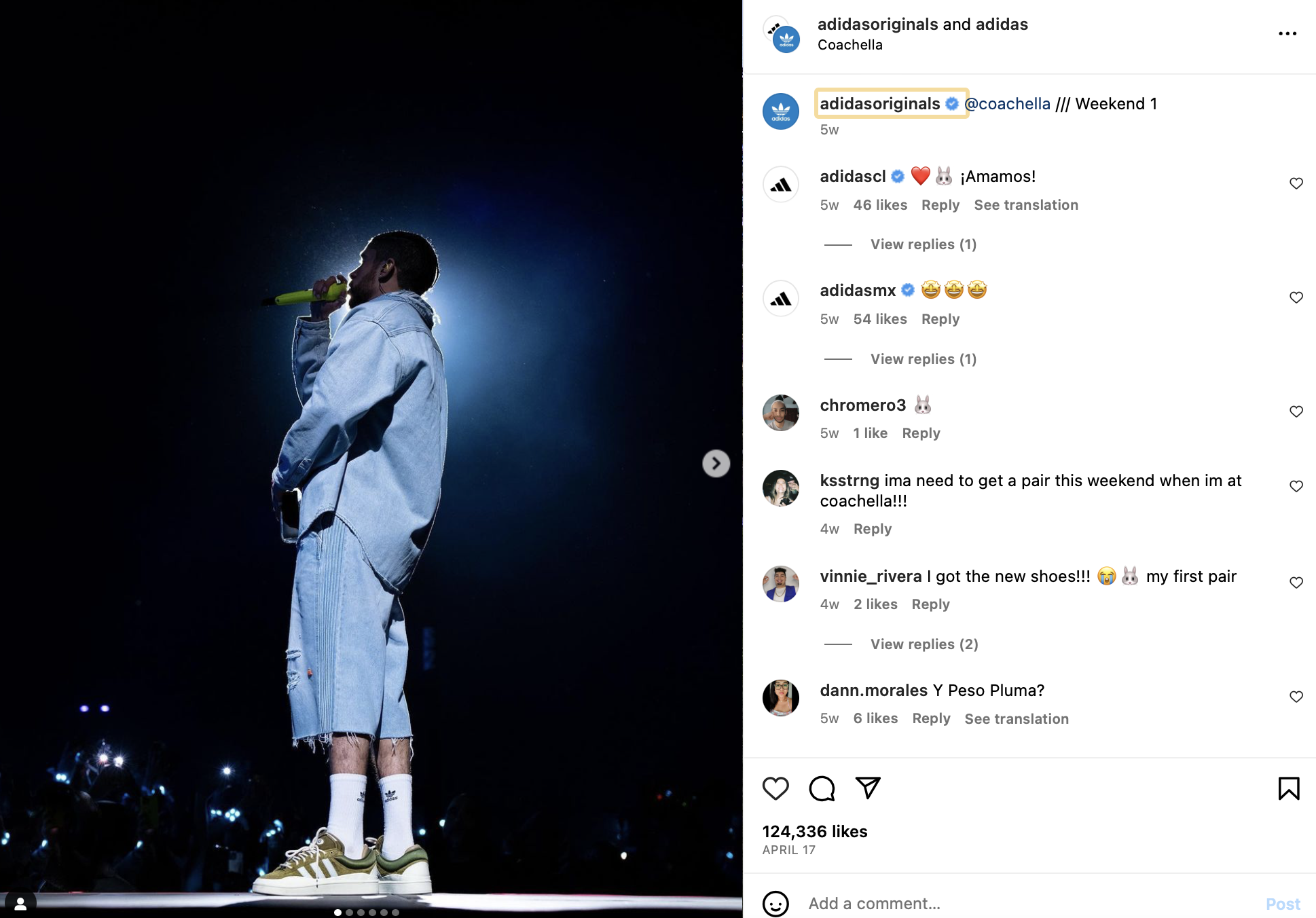 來自 Adidas Originals 的 Instagram 帖子展示了一位藝術家在舞台上的表演和科切拉音樂會的地理定位標籤