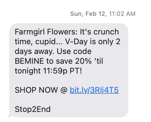 Farmgirl Flowers'tan SMS metin pazarlama örneği