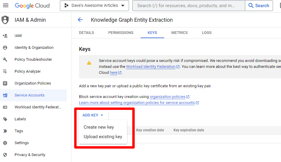 Google Cloud Knowledge Graph Search — tworzenie nowych kluczy