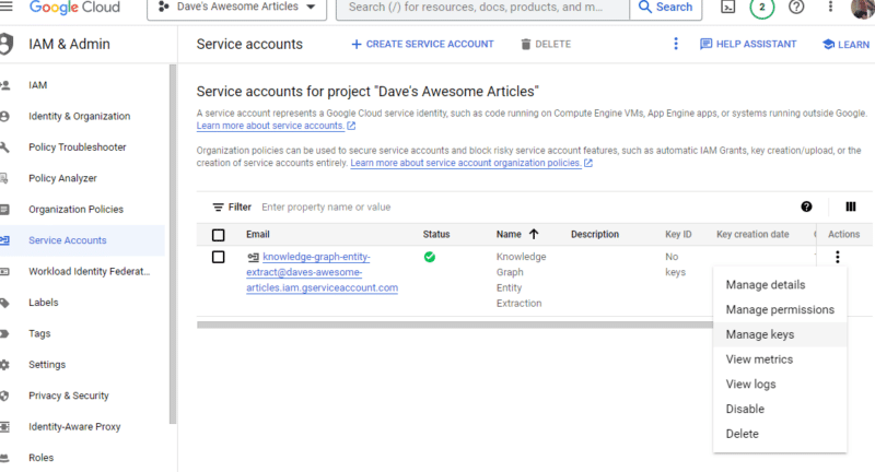 Google Cloud Knowledge Graph Search – Zarządzaj kluczami