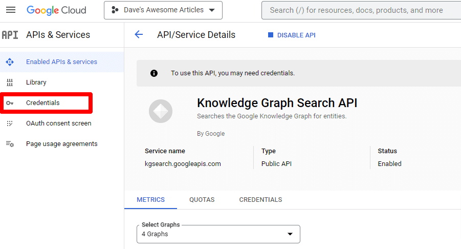 Strona interfejsu API Google Cloud Knowledge Graph Search