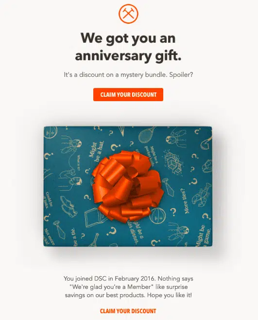 Screenshot der Jubiläums-E-Mails des Dollar Shave Club