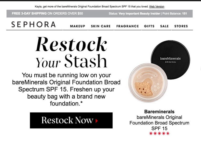 Screenshot einer Sephora-E-Commerce-E-Mail mit der Empfehlung eines zuvor gekauften Artikels