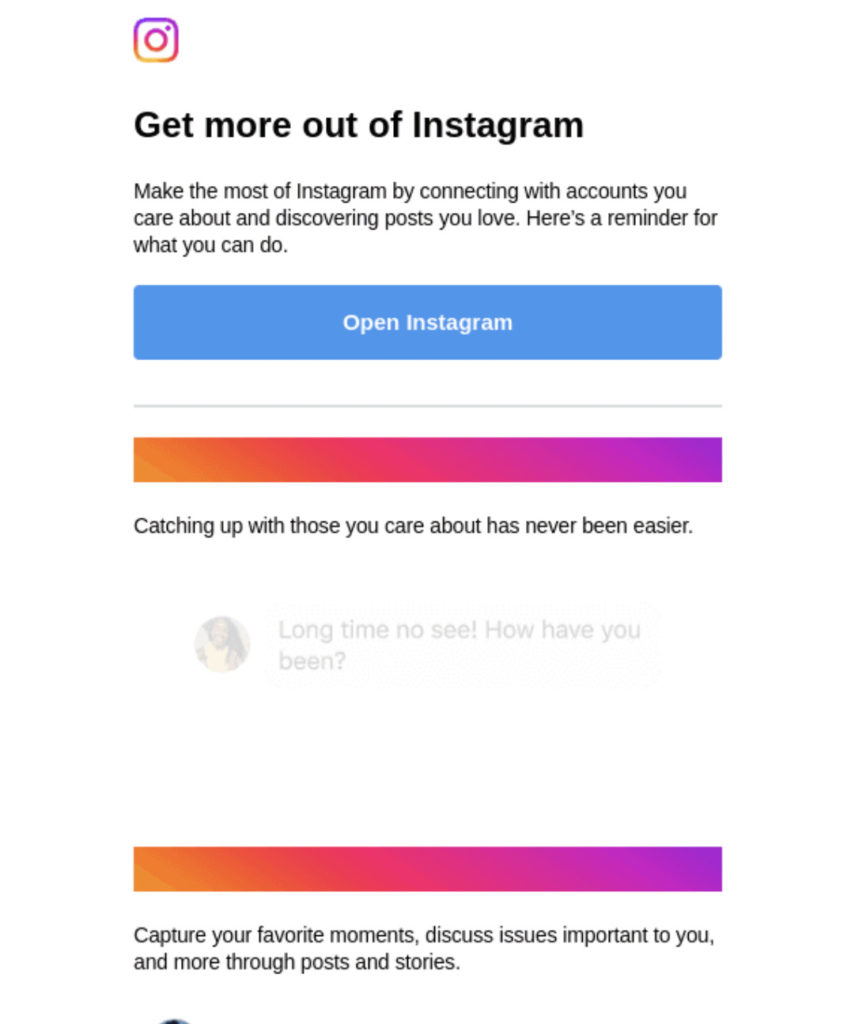 Instagram-E-Mail mit Bildungsinhalten, um stagnierende Kundenkonten zurückzugewinnen