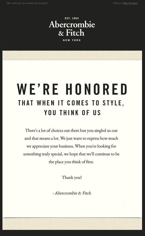 Screenshot of Abercrombie & Fitch Thank You Email