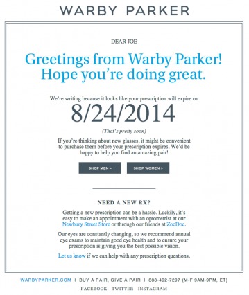 Screenshot der E-Mail von Warby Parker