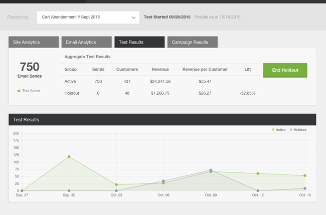 Screenshot of cart abandonment hold-out test