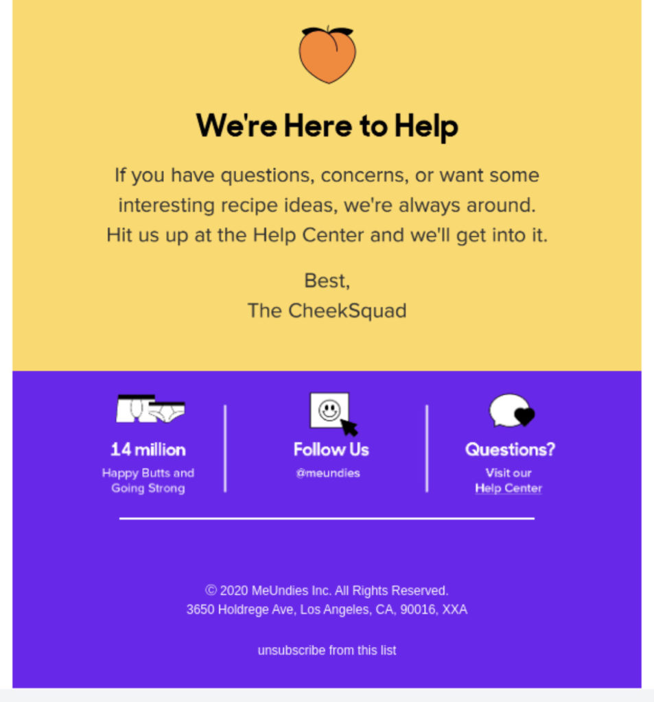 Screenshot of MeUndies Shipping Notification Email Footer where they can adjust subscription preferences or contact MeUndies directly