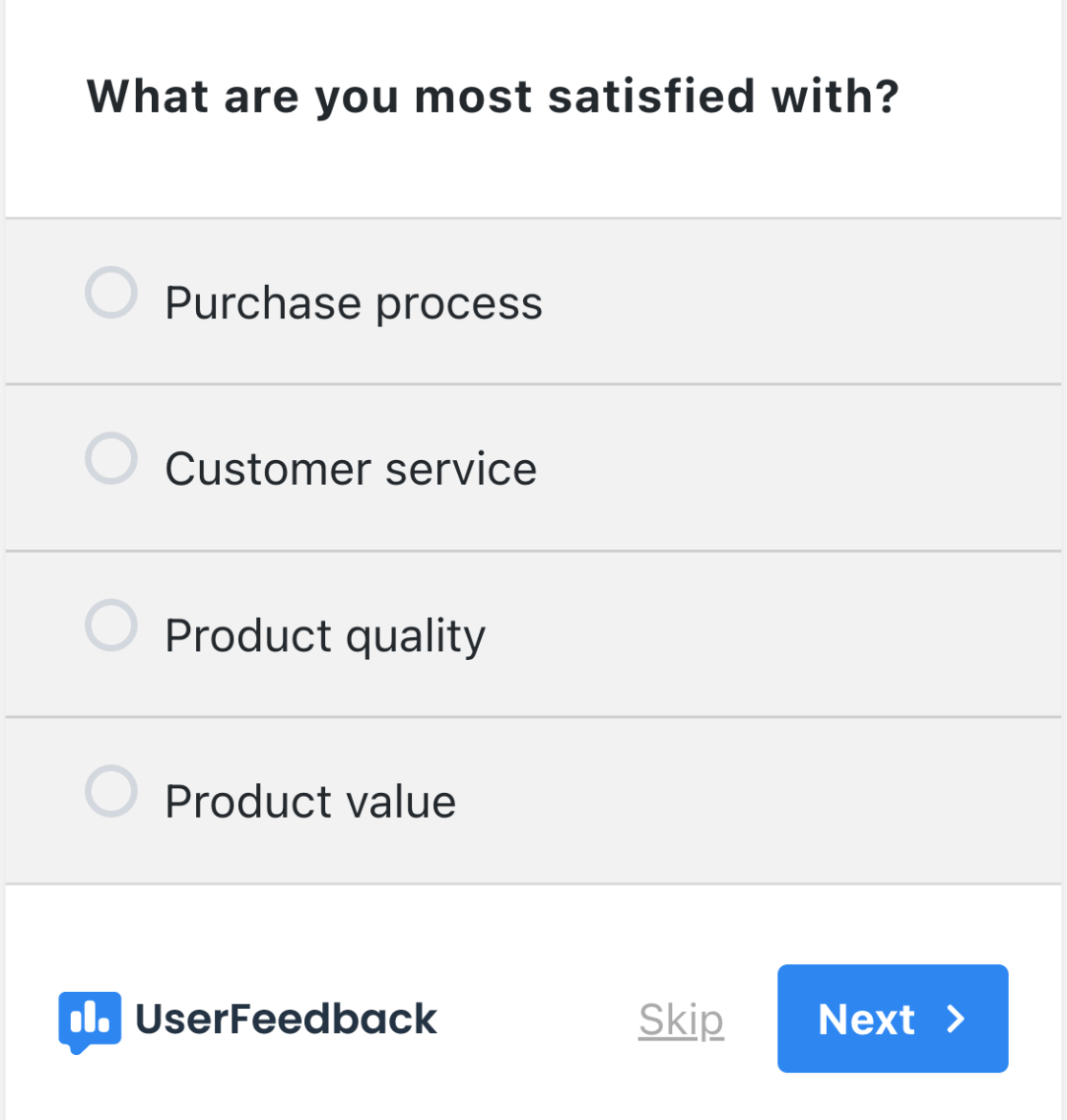 Plantilla de encuesta de satisfacción del cliente UserFeedback: opción múltiple