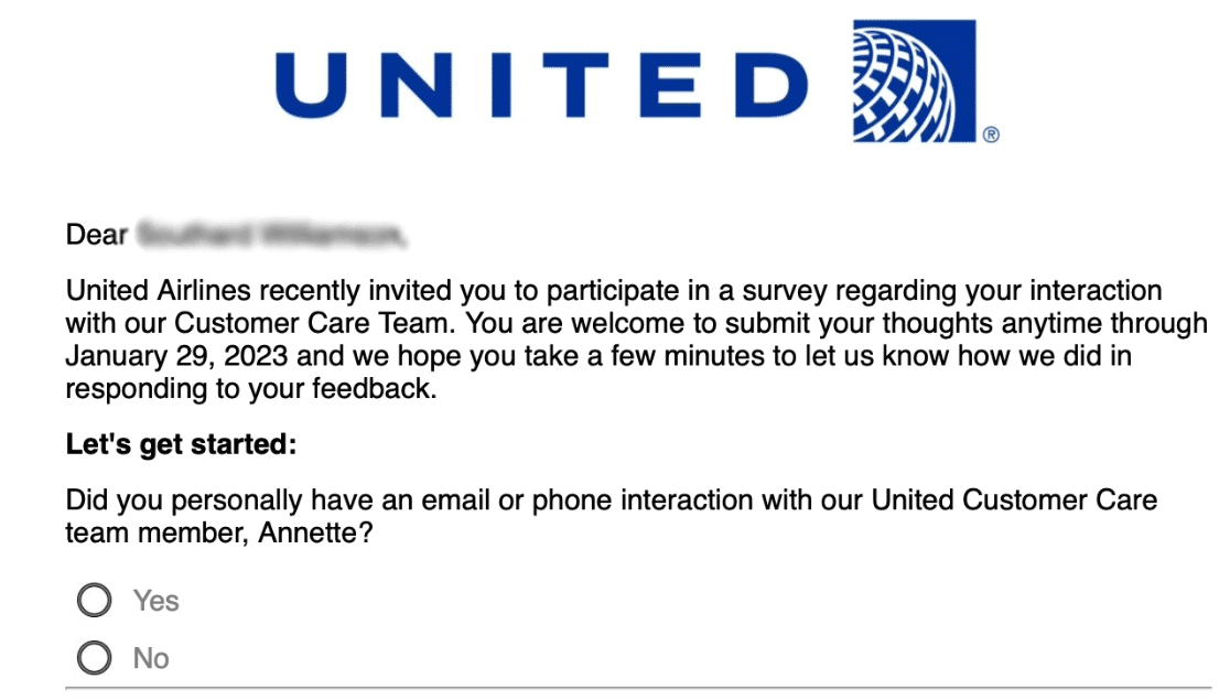 ejemplos de encuestas de satisfacción del cliente - United Airlines