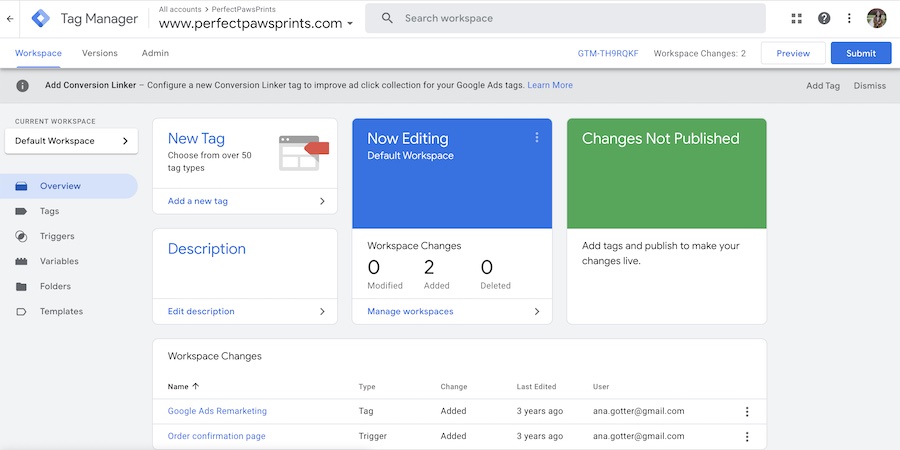 Pannello di controllo di Google Tag Manager