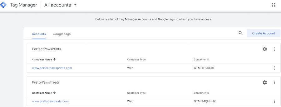 Aggiunta di un account in Google Tag Manager