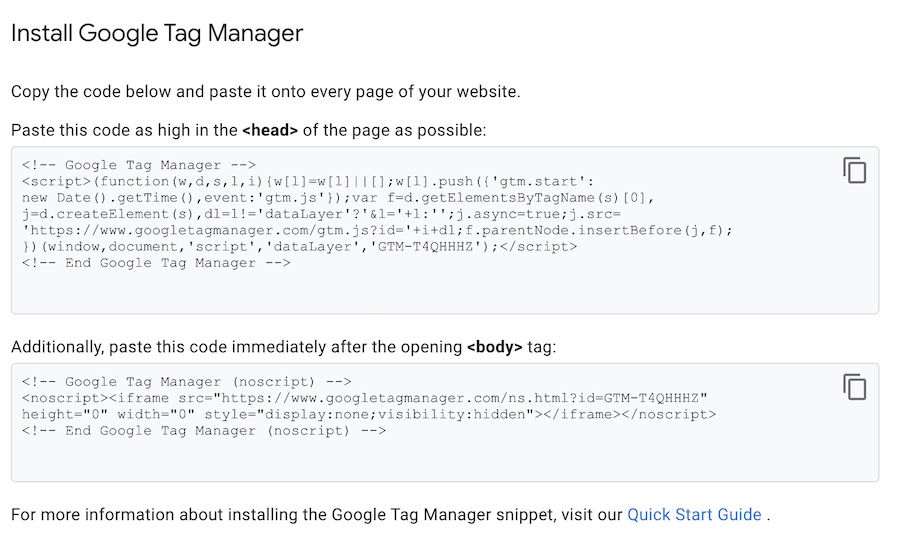 Esempio di codice di installazione in Google Tag Manager