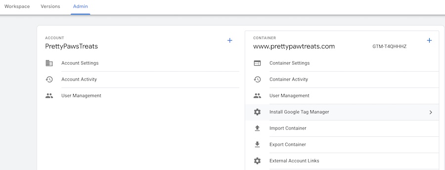 Sezione di amministrazione in Google Tag Manager