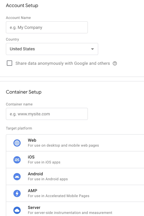 Configurazione di un account in Google Tag Manager