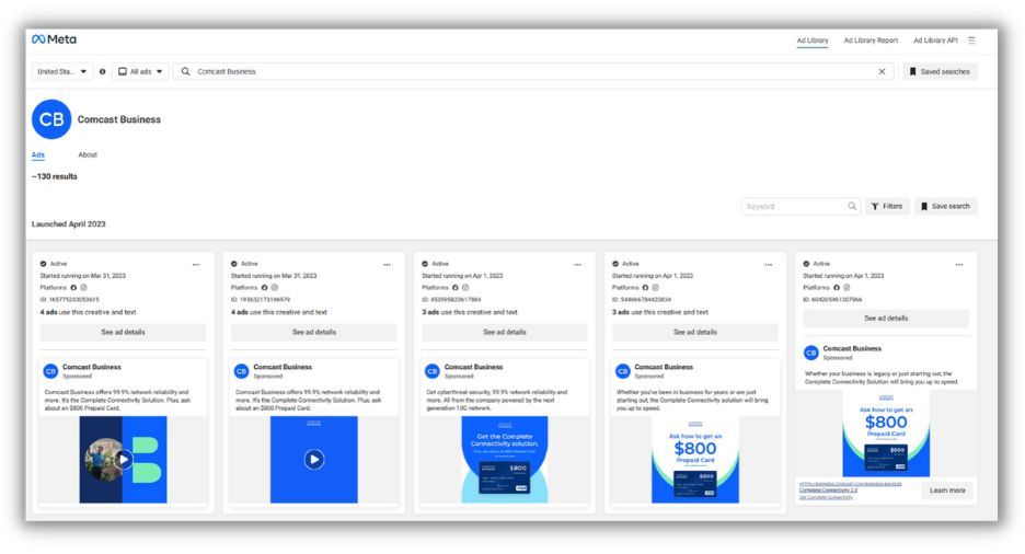 Meta Wyniki biblioteki reklam na Facebooku dla firmy Comcast