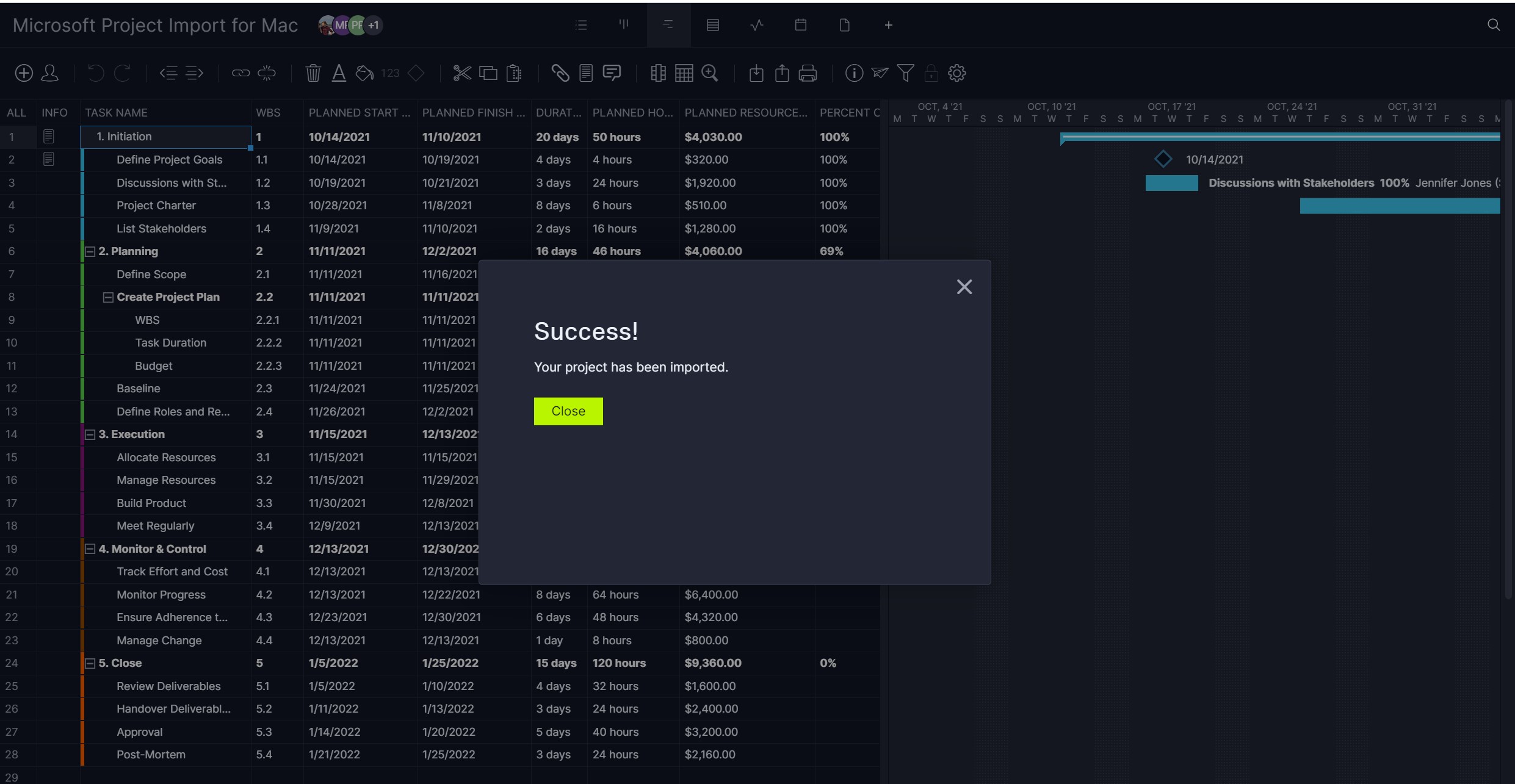 ProjectManager の成功インポート ポップアップ