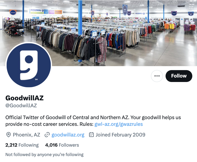 ภาพหน้าจอของบัญชี Twitter ของ GoodwillAZ ชีวประวัติอ่าน: Twitter อย่างเป็นทางการของ Goodwill of Central and Northern AZ ความปรารถนาดีของคุณช่วยให้เราให้บริการด้านอาชีพโดยไม่มีค่าใช้จ่าย