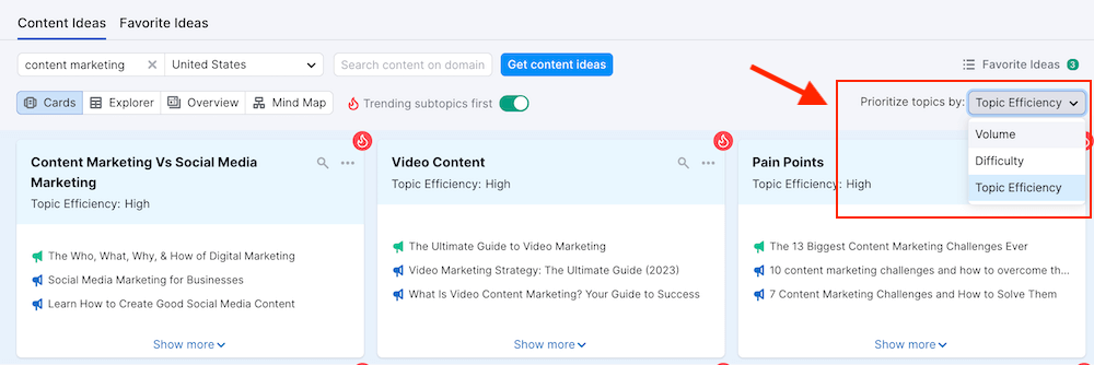 Semrush Topic Research - Sorting Options
