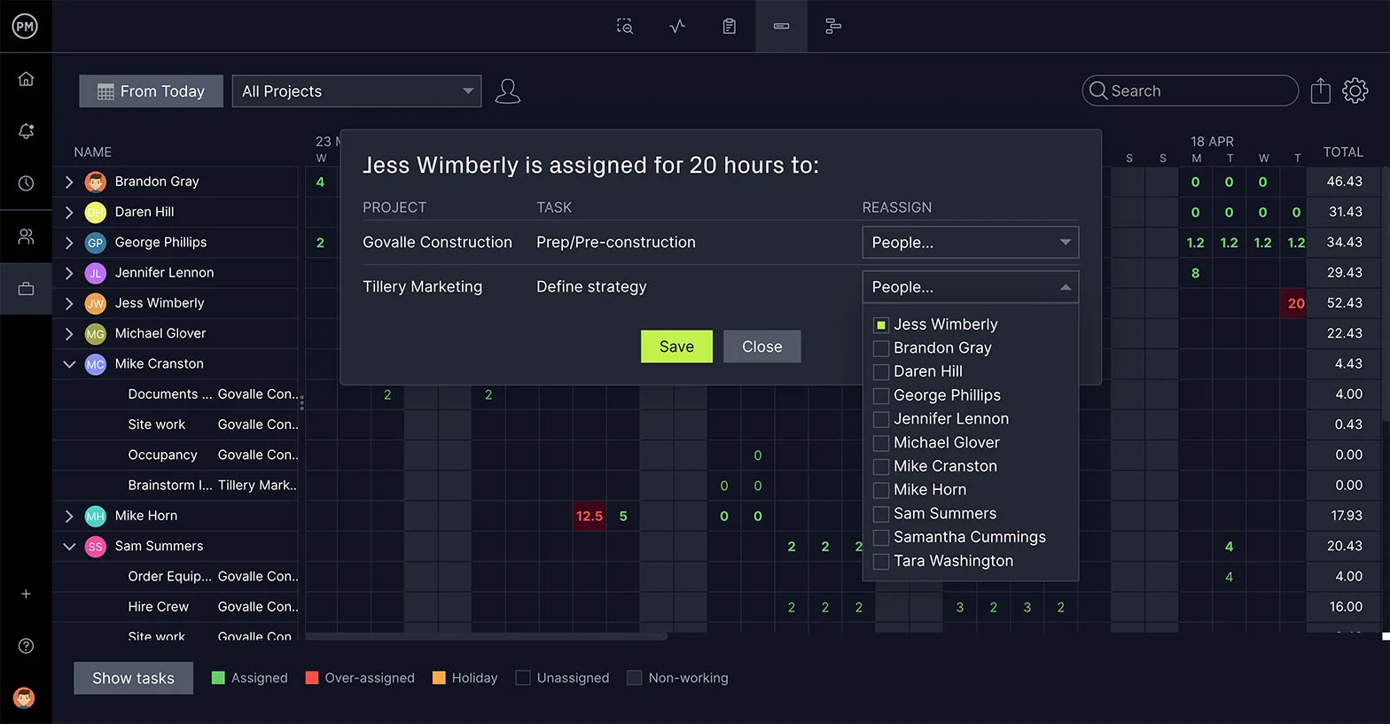 Feuille de temps du ProjectManager avec fenêtre contextuelle d'affectation